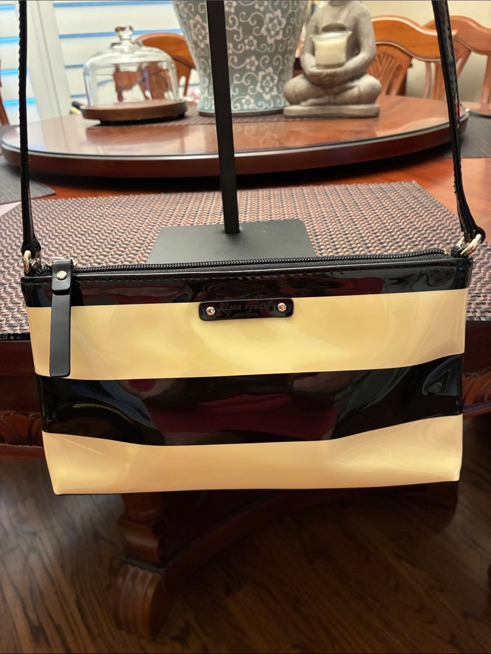 kate spade Black and Cream Penn Valley Amy Striped Patent Crossbody Bag